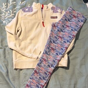 Vineyard Vines Cream Pullover and Blue Patterned Leggings